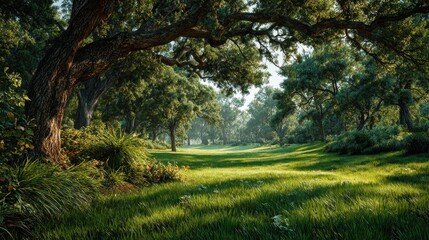 Poster - Lush green Meadow Surrounded by old Trees in a Forest Glade during a Sunny Day with Dramatic Shadows and a Calm and Peaceful Atmosphere