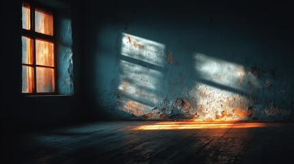 Aufkleber - Light shines through window in empty, dilapidated room, illuminating textured wall and wooden floor, creating dramatic contrast and atmospheric effect during daytime