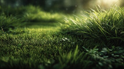 Poster - Lush green Meadow Surrounded by old Trees in a Forest Glade during a Sunny Day with Dramatic Shadows and a Calm and Peaceful Atmosphere