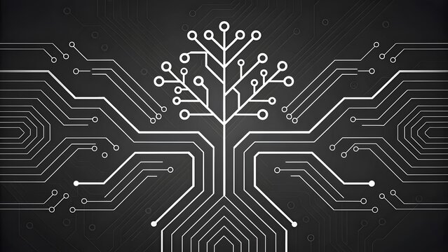 Abstract Tree of Technology Circuit Board Design with White Lines on Dark Background