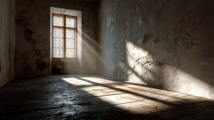 Aufkleber - Light shines through window in empty, dilapidated room, illuminating textured wall and wooden floor, creating dramatic contrast and atmospheric effect during daytime