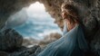 © Tatyana - A beautiful young blonde model posing in a futuristic flowing light dress, photo shoot of glacial caves.