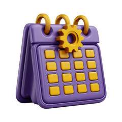 Poster - Purple calendar with yellow gear icon and gold binding isolated on transparent background