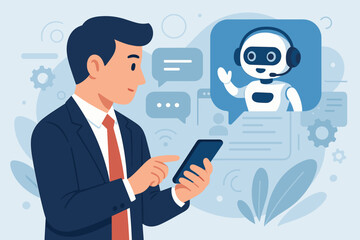 Poster - Businessman using smartphone to chat with an AI assistant. Artificial intelligence chatbot concept with a robot for online customer support, automated conversation and tech service.