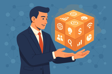 Aufkleber - Businessman holding a digital cube with business service icons. Concept of financial technology, digital marketing, global business strategy, and data analysis. Flat vector illustration.