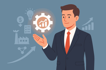 Aufkleber - Productivity growth concept. Businessman holding efficiency icon. Industrial management and automation. Lean cost process. Virtual screen interface. Gear symbol. Modern flat vector.