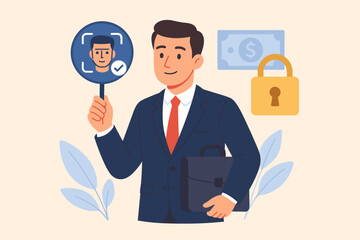 Poster - Businessman holding face ID symbol. Identity verification for financial security. Biometrics authentication for personal data access. Privacy protection technology. Vector concept.