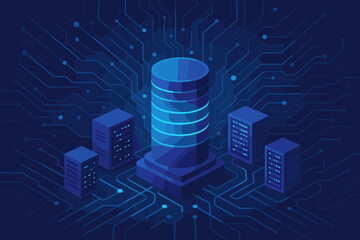 Poster - Data center server room isometric vector concept. Hosting database, big data storage, cloud computing technology. Digital information exchange, internet network connection background.