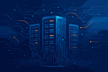 Poster - Data center server racks and hosting concept. Abstract big data internet server farm with digital connection. Futuristic circuit networking technology. Modern flat vector illustration.