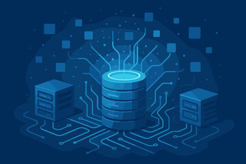Poster - Futuristic data center and internet server concept. Digital data connection, information exchange, and cloud computing technology. Big data storage and processing network background.