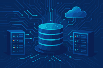 Poster - Data center and hosting server racks. Cloud computing technology. Database storage and big data processing. Digital information exchange. Abstract futuristic circuit networking vector.