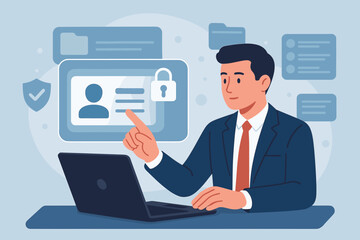 Poster - Digital identification concept. Businessman using laptop for identity verification. Secure access to personal data and database. Cybersecurity, privacy, and online authentication.