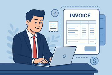 Poster - E-invoice and online digital statements concept. Businessman using laptop with invoice document. Financial accounting, bookkeeping, electronic billing. Modern flat vector illustration.