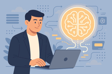 Poster - Businessman Using Laptop with Artificial Intelligence, LLM, Generative AI, Big Data, Data Transfer, Natural Language Processing, Data Mining, Digital Brain, Technology Concept