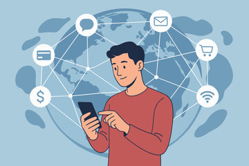 Poster - Global Digital Connectivity and Mobile Technology: Man Using Smartphone for Social Network, Online Banking, Financial Transactions, E-commerce, Wireless Communication, Data Exchange