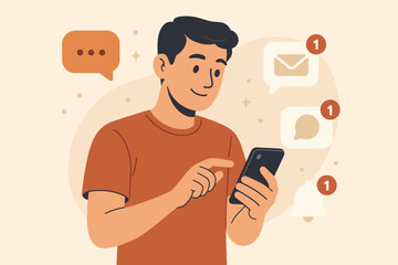 Poster - Man Receiving Notifications on Smartphone, Social Media Alerts, Message Reminders, Mobile Communication, Modern Flat Vector Illustration, Digital Technology, Online Interaction, Minimalist Design