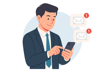 Poster - Businessman Receiving Email Notifications on Smartphone, Unread Message Alert, Mobile Communication, Office Worker, Digital Messaging, Modern Flat Vector Illustration