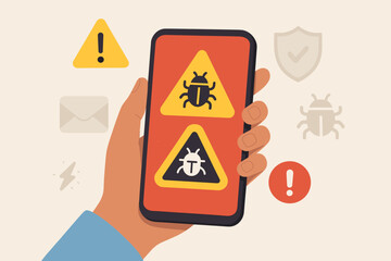 Poster - Smartphone Virus Alert Notification. Malware Warning Sign. Cybersecurity Threat. System Hacked Caution. Hand Holding Mobile Device with Bug Icon. Digital Security Breach. Flat Vector Illustration