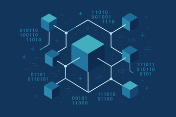 Poster - Blockchain Network Structure, Digital Data Connection, Distributed Ledger Technology, Futuristic Data Blocks, Secure Decentralized System, Modern Vector Illustration, Binary Code, Technology Concept