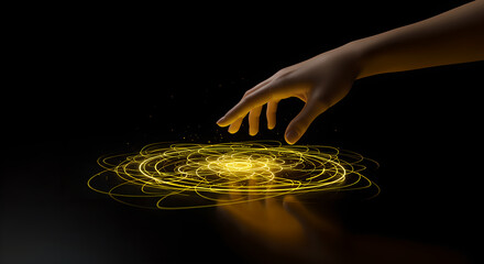 Poster - A brown hand reaching down to interact with glowing yellow lines forming a circular pattern. Energy activation concept.