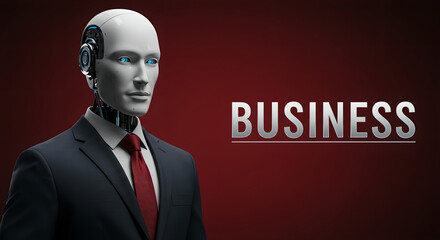 Poster - Robotic man in a suit with a red tie standing next to the word 