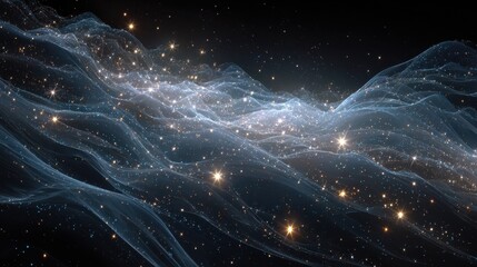Poster - Swirling abstract nebula background with gold and silver glitter dust particles in deep space