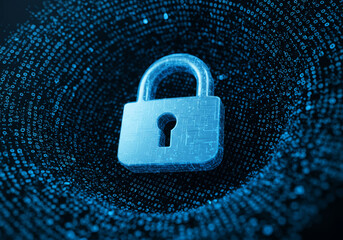 3D padlock icon wrapped in digital binary code texture, rendered in light blue glossy plastic — symbolizing encryption, cybersecurity, and secure digital environments.

