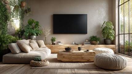 Aufkleber - Interior of modern living room featuring beige sofa, plants, natural light, and tv for daytime relaxation