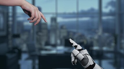 Poster - A human hand reaches out to a robotic hand in a high-tech environment, emphasizing the collaboration between humanity and artificial intelligence in a digital landscape. Auvana
