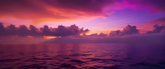 Wall Mural - Bright tropical sunset with vivid pink purple and orange clouds over calm serene sea