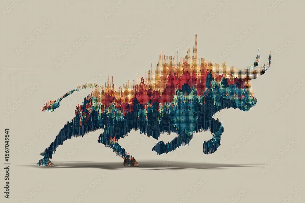 A vibrant bull silhouette leaps forward, constructed from colorful dots in tones of orange, blue, and red. The dynamic design evokes movement and energy, symbolizing strength and determination.