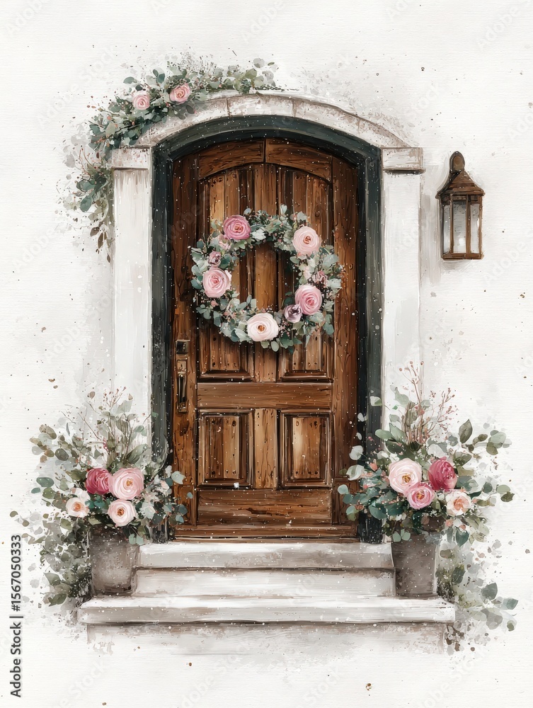 A rustic wooden door with a beautiful wreath made of pink and white flowers is set against a white wall. Lush floral arrangements in pots frame the entrance, creating an inviting atmosphere.