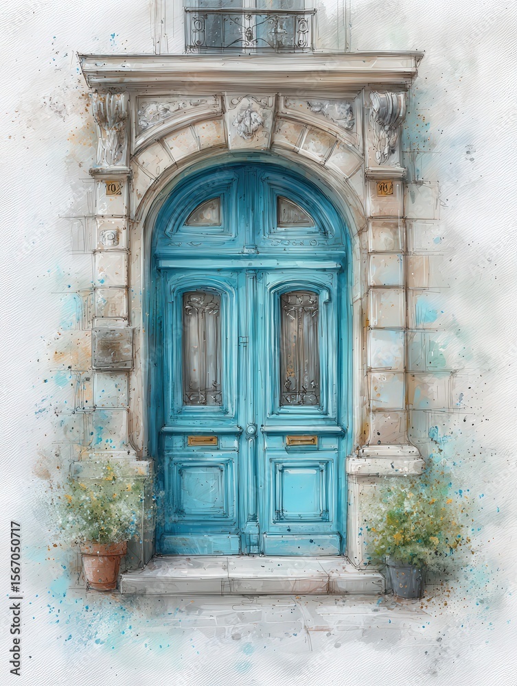 A stunning turquoise door framed by elegant stonework greets viewers. Potted plants add a lively touch, creating a quaint and inviting atmosphere in this urban scene.
