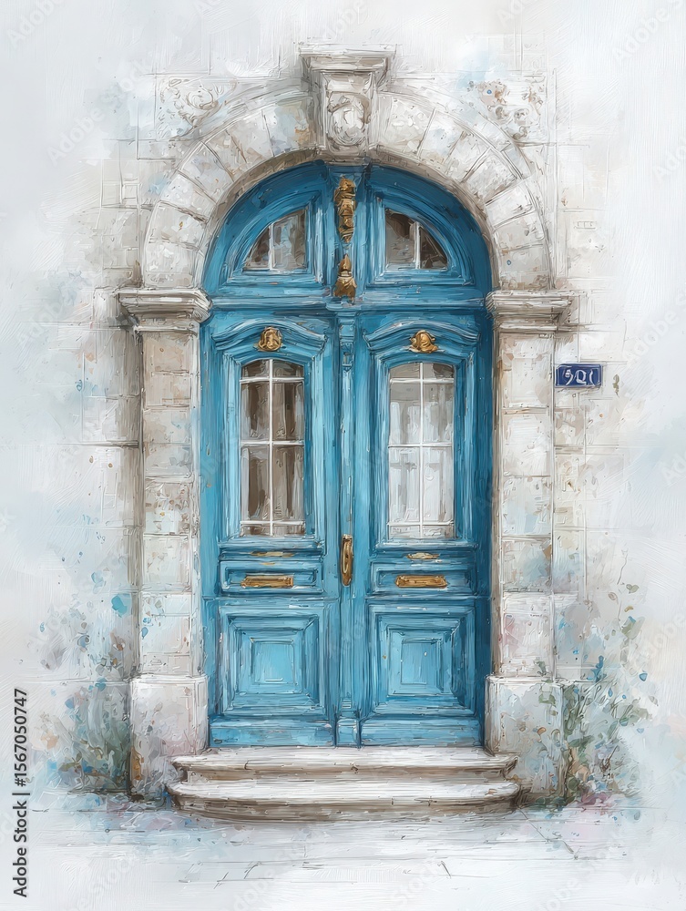 This striking blue door features intricate carvings and golden accents, set against a soft, textured stone wall. The elegant architecture reflects classic design in a serene environment.