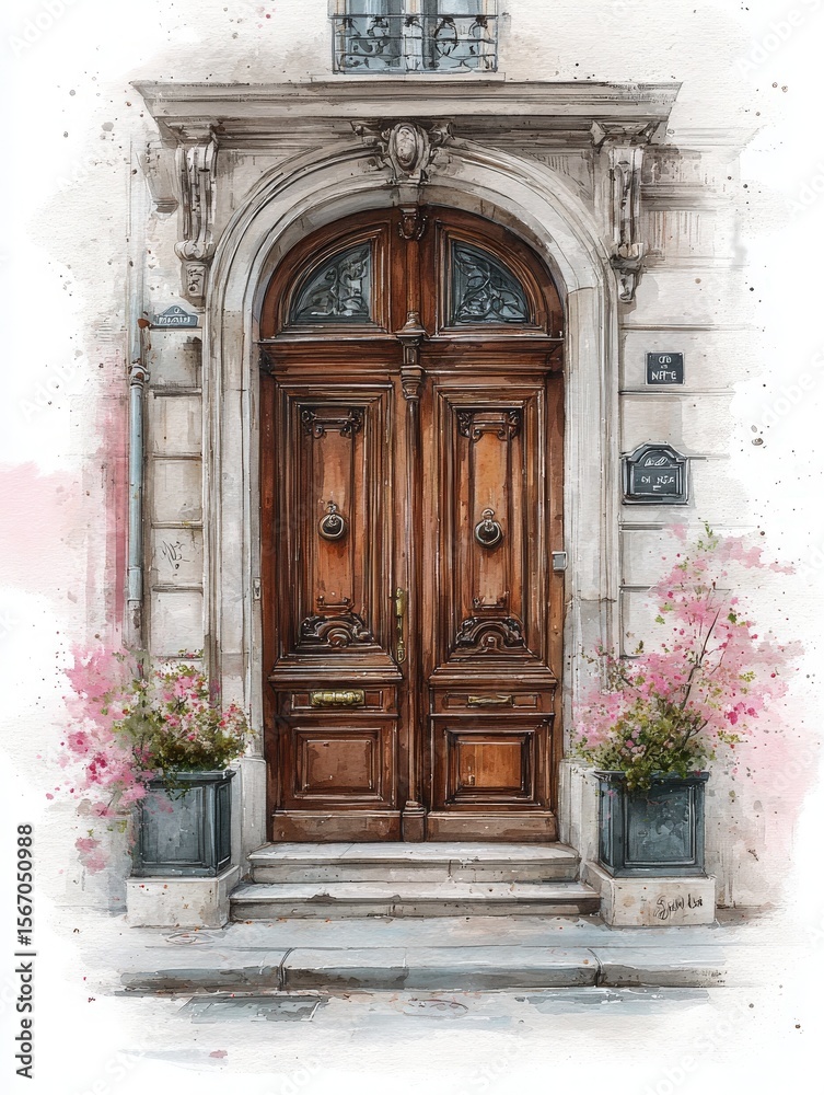 A beautifully crafted wooden door stands as an entrance to a charming building, adorned with vibrant pink flowers in planters. The soft pastel backdrop enhances the inviting atmosphere.