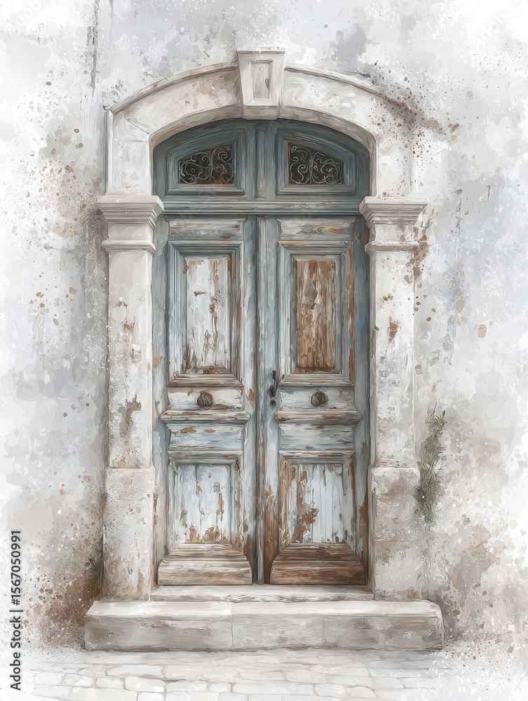 A weathered wooden door with peeling paint stands framed by a stone archway.