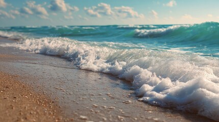 Poster - Wave Rolls onto a Sandy Shore at Sunset in a Beautiful Coastal Landscape