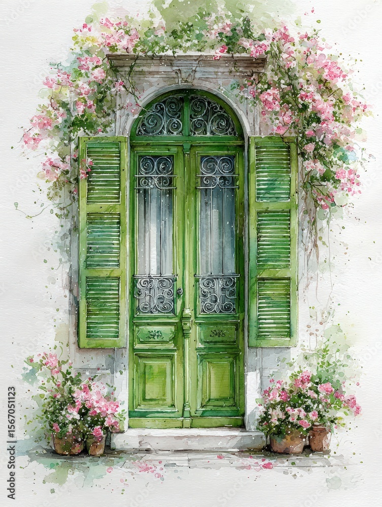 A charming green door with open shutters stands framed by vibrant flowers in pots. The lush greenery and delicate blooms create a peaceful garden ambiance. The scene captures tranquility and beauty.