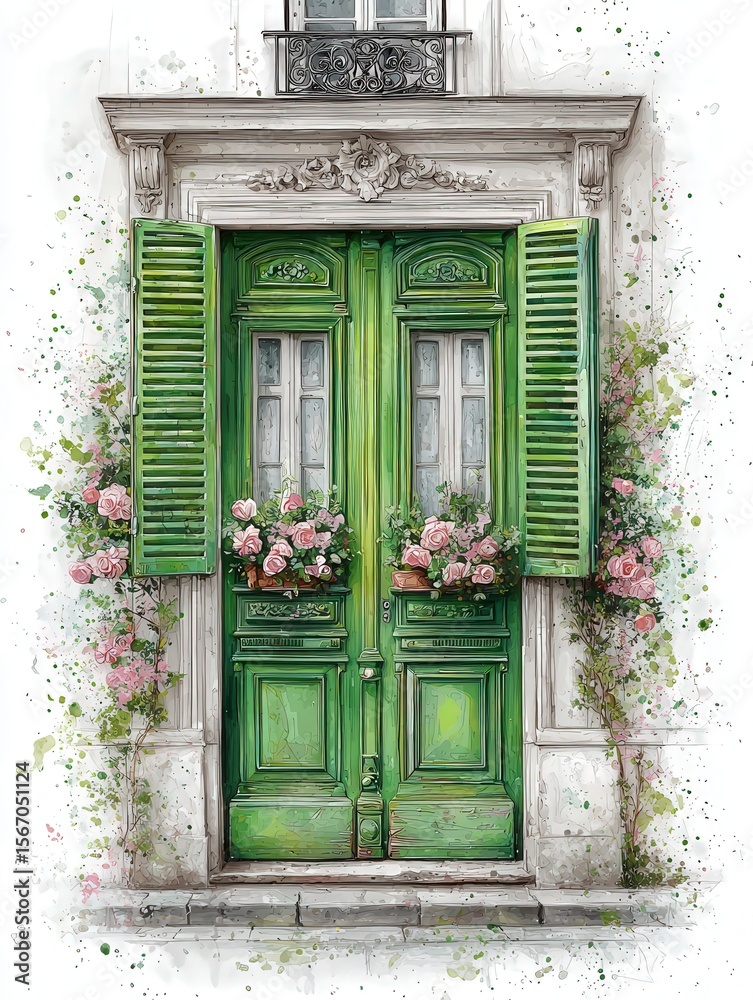 The striking green double doors, framed by vibrant shutters, are adorned with blooming flower boxes. This enchanting facade captures the essence of a quaint European town, radiating charm.