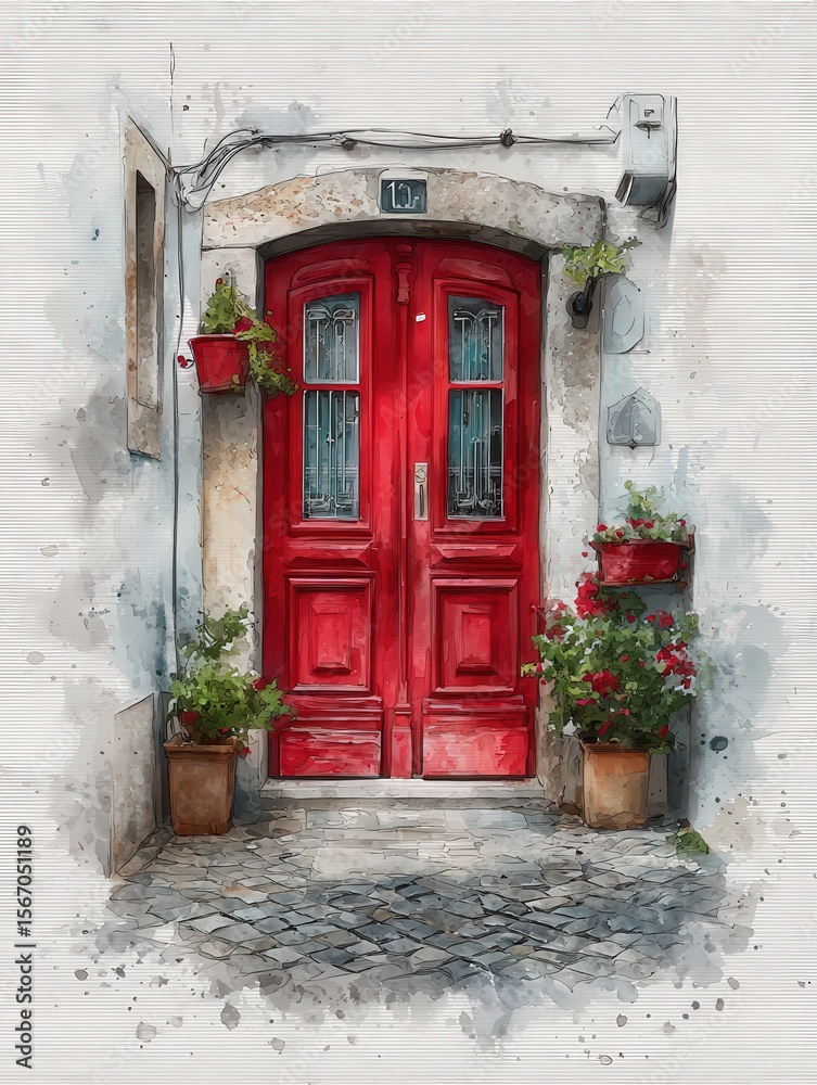 A bright red door stands out against a stone wall, framed by lush flower pots. The door is adorned with two glass panels and surrounded by a cozy walkway, creating a welcoming atmosphere.