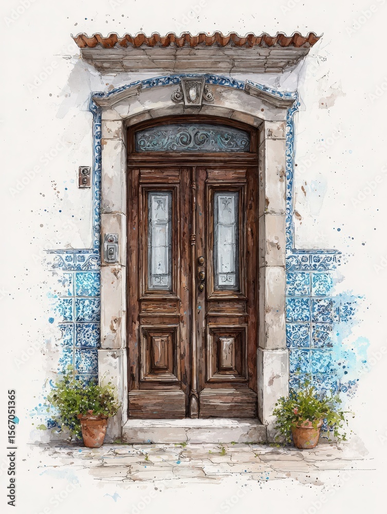 This artwork features an inviting wooden door framed by beautifully detailed blue and white tiles. Potted plants add a touch of greenery, enhancing the homes charm in a serene outdoor setting.