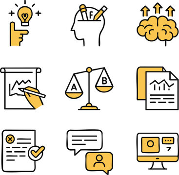 Collection of business and innovation icons representing ideas strategy and success