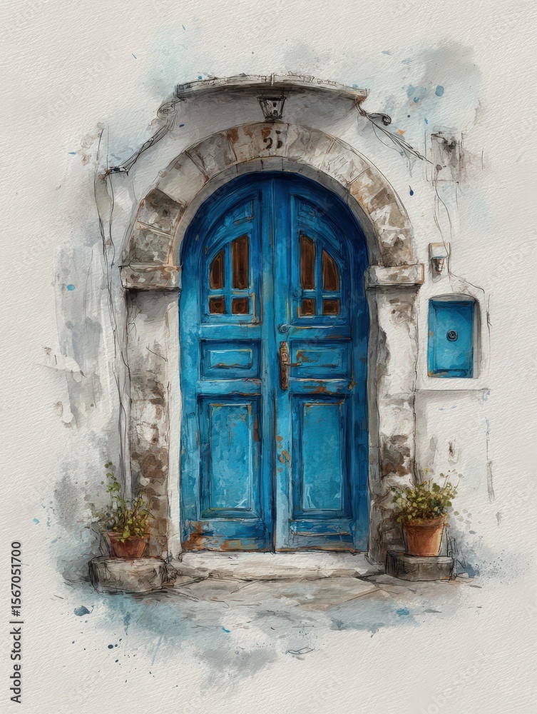 A striking blue door framed by a stone archway stands at the entrance of a quaint building. Potted plants add charm to the rustic atmosphere, creating an inviting view.