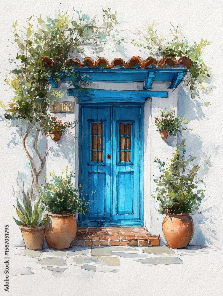 A bright blue door, adorned with two small windows, stands against a white building. Surrounding it are potted plants and climbing greenery, creating an inviting atmosphere in a sunny courtyard.