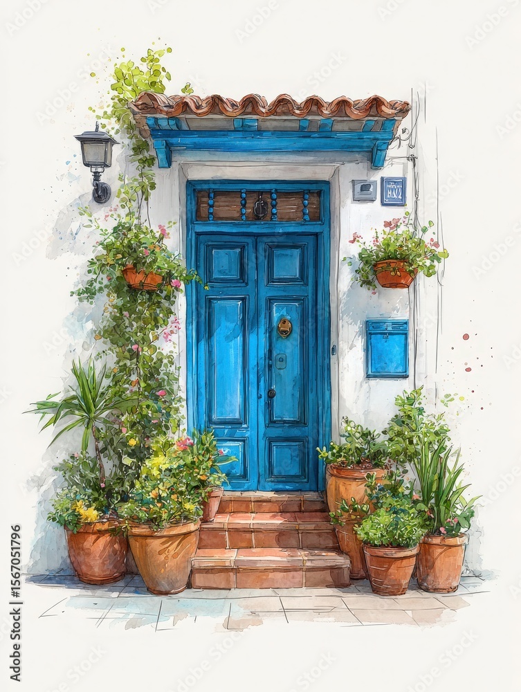 Bright blue door framed by lush greenery and potted plants creates a welcoming atmosphere. Sunlight highlights the colorful details of this quaint entrance, perfect for a cozy retreat.