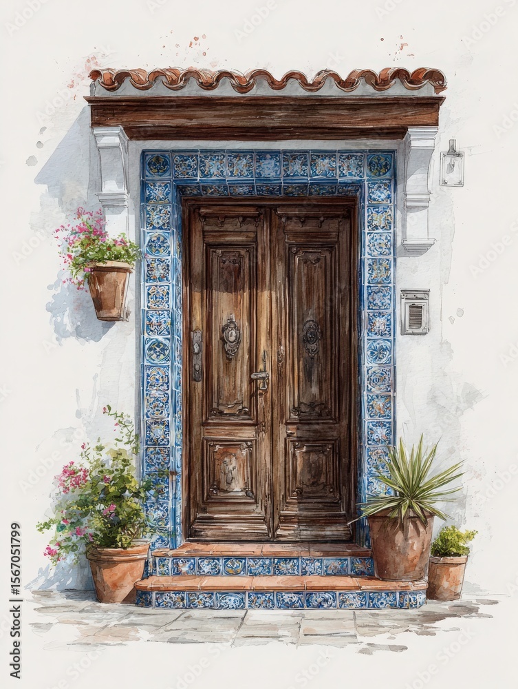 Two elegant wooden doors framed by vibrant blue tiles create a stunning entrance. Flower pots and greenery add charm to this inviting facade, showcasing a warm and welcoming atmosphere.
