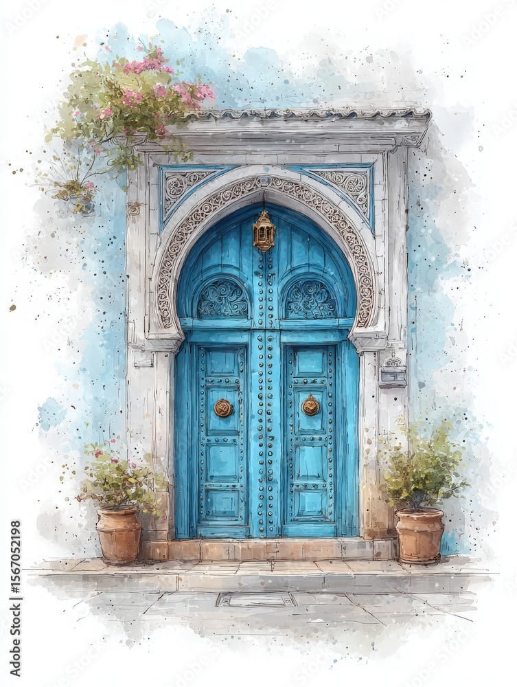 A stunning blue door framed by ornate carvings stands against a white wall. Flower pots filled with greenery adorn the entrance, creating a vibrant and inviting atmosphere in a quaint setting.