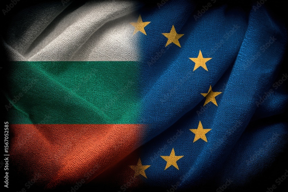 Fabric flags of Bulgaria and the European Union are intertwined, showcasing the colors and symbols of both. The representation highlights their partnership and shared values in a unified image.