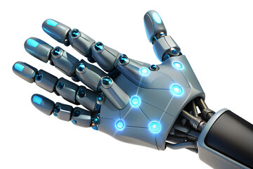 Poster - A futuristic robotic hand with glowing blue accents reaches out on a clean white background, embodying technological innovation, transparent background