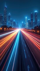 Poster - Night cityscape with digital data stream on highway. Futuristic urban tech concept with glowing light trails, skyscrapers, modern network connections. Abstract design with vibrant colours